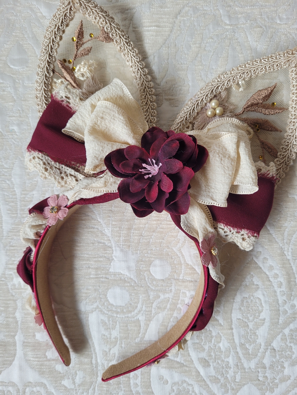 Burgundy and Cream Floral Lace Bunny Ear Headband